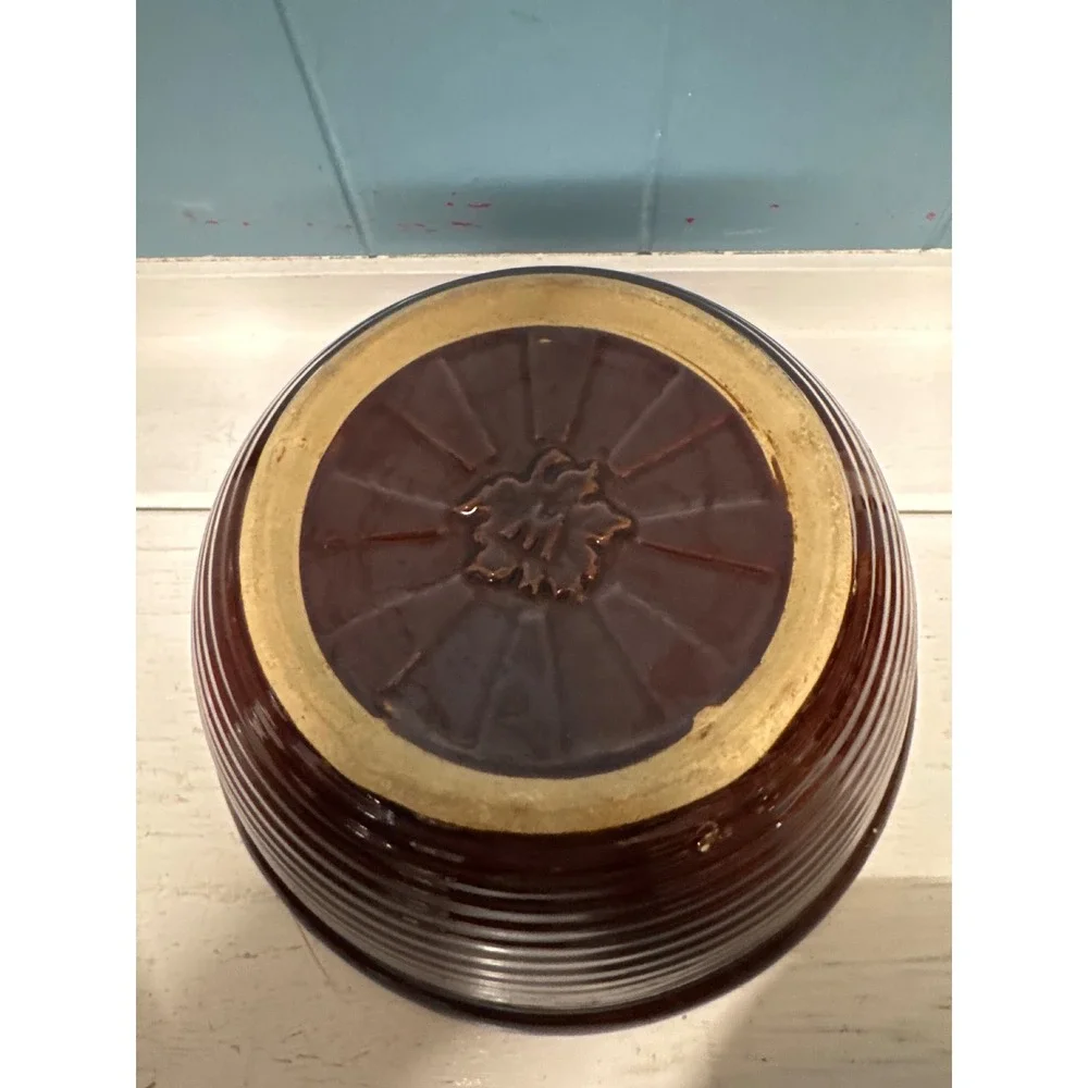 Vintage Brown Stoneware Casserole Dish with Lid Embossed Floral Base